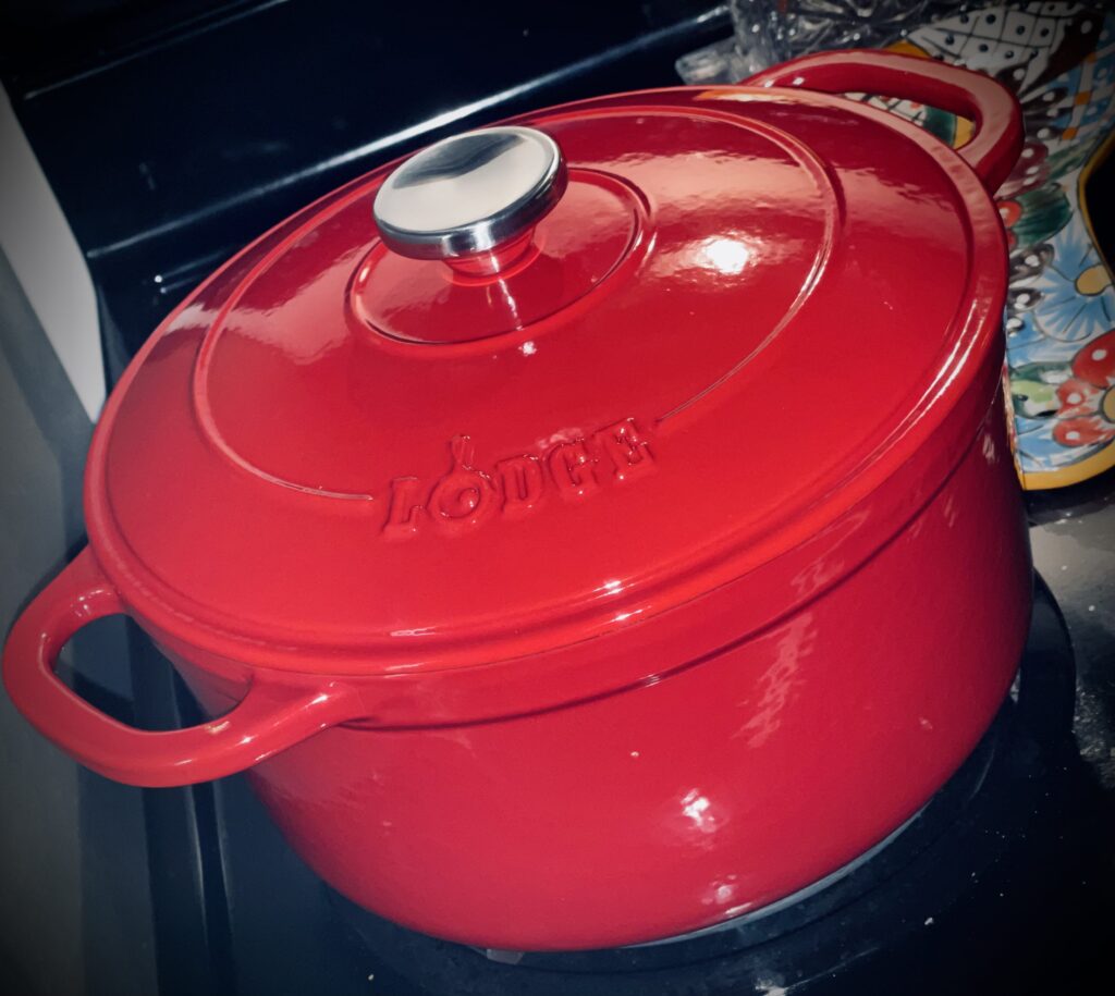 lodge red cast enameled pot